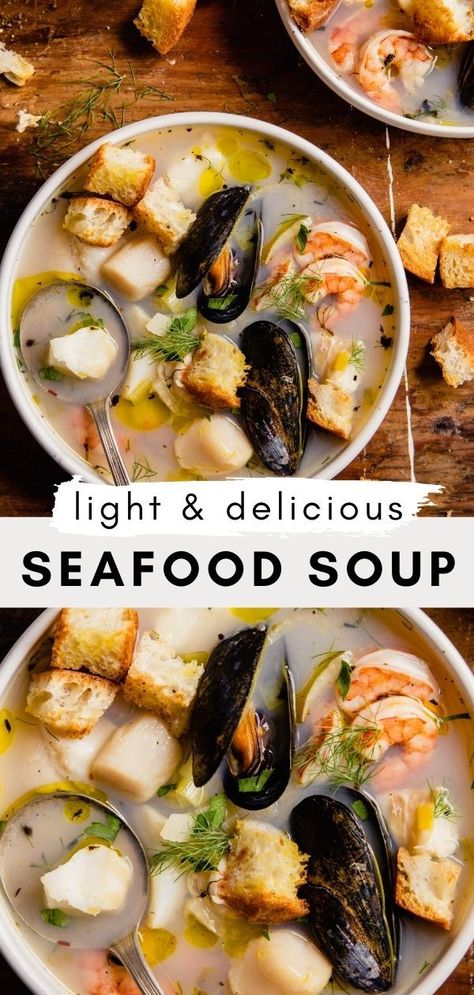 Seafood Soup Recipes, Shrimp Soup, Mussels Recipe, Seafood Stew, Fish Soup, Seafood Soup, White Fish, Crusty Bread, Croutons