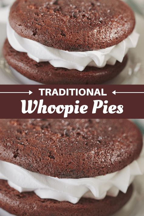 Whoopie pies are soft, chocolaty sandwiches with a sweet fluffy filling. They're the perfect combination between a cake and a cookie. So you get the best of both worlds!