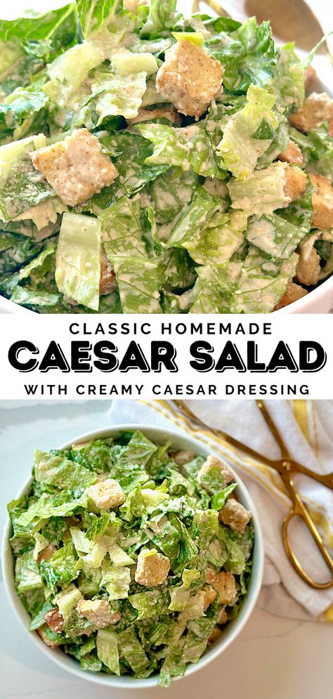 Enjoy the best classic Caesar salad with creamy dressing. Perfect for impressing guests, this recipe balances crisp romaine lettuce with a rich, tangy dressing made from anchovy fillets, Parmigiano-Reggiano, and a mayo base. Perfect as a side salad, or top it with grilled chicken for a hearty main dish. #FreshSaladRecipes  #DeliciousSalads #HealthySummerRecipes Ceaser Salad Ideas, Cesar Salad Recipe, Salad With Creamy Dressing, Homemade Caesar Salad, Creamy Caesar Dressing, Fall Salads, Homemade Caesar, Grilled Chicken Caesar Salad, Lettuce Recipes