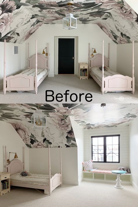 Shared Girls Bedroom with Floral Wallpaper - Remington Avenue, angled ceiling covered in wallpaper Fully Wallpapered Bedroom, Wallpaper Attic Bedroom, Wallpaper Ceiling Bedroom, Angled Ceiling Bedroom, Bedroom With Floral Wallpaper, Personal Bubble, Bedroom Wallpaper Ideas, Wallpaper Design For Bedroom, Shared Girls Room