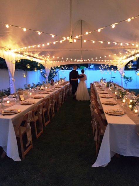 Outdoor Party With Tent, Party Tent With Lights, Outdoor Tent With Lights, Backyard Tent Dinner Party, 20 X 30 Tent Layout Wedding, 20x40 Tent Table Layout, Inside Tent Decorations, Outdoor Thanksgiving Dinner Tent, 20x30 Tent Layout Wedding Ideas