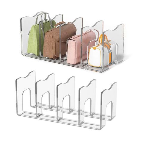 PRICES MAY VARY. Spacing of Dividers: Each set is equipped with 5 separator dividers. Each set of purse storage organizer is 12.59x5.90x5.11 inches (L x W x H). The spacing of purse organizer between each slot is 2.75in Convenient Set: This bag organizer includes 2 clear or 4 clear plastic purse dividers for closets, closet organizer system allowing you to place them in various locations for organizing your bags. Each purse display stand can hold up to 4 wallets or bags, purse storage organizer Purse Dividers, Purse Organization Closet, Organizing Purses, Purse Storage Ideas, Organizing Purses In Closet, Closet Shelf Dividers, Plastic Purse, Shelf Divider, Closet Storage Drawers