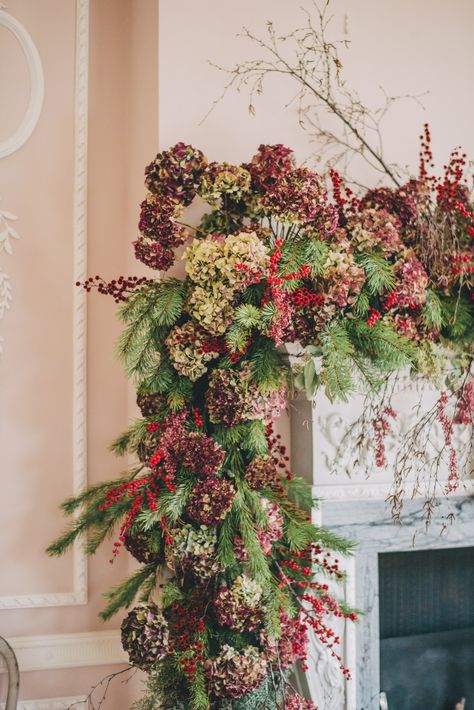 Christmas decorating with plants & foliage | House & Garden Dried Hydrangeas, Christmas Flower Arrangements, Christmas Plants, Christmas Preparation, Winter Plants, Flower Shops, Christmas Mantels, Christmas Flowers, Winter Flowers