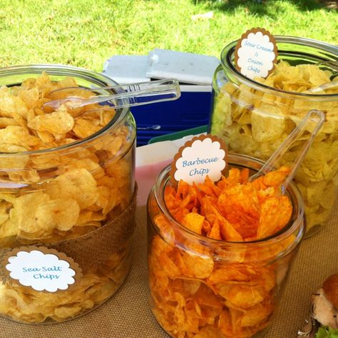 Potato chip bar @ Liberty's 1st! Potato Chip Bar Wedding, Chip Table Party Ideas, Chips And Dip Bar Wedding, Party Chips Display, Chip Bar Wedding, Chip Bar Party, Chips At A Party, Potato Chip Bar, Pickle Birthday