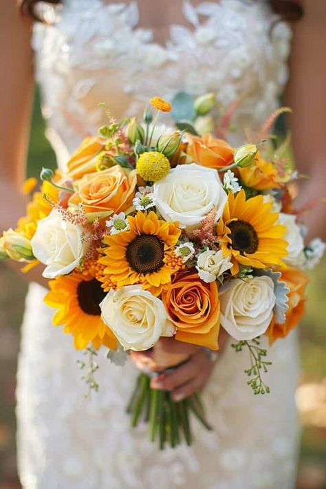 Sunflowers And Rose Wedding Bouquets: 20 Inspiring Ideas • Sunflower And Roses Bouquet, Roses For Wedding, September Wedding Colors, Fall Country Wedding, Blue Hydrangea Wedding, Rustic Sunflower Wedding, Wedding Flowers Sunflowers, Western Themed Wedding, Sunflowers And Roses