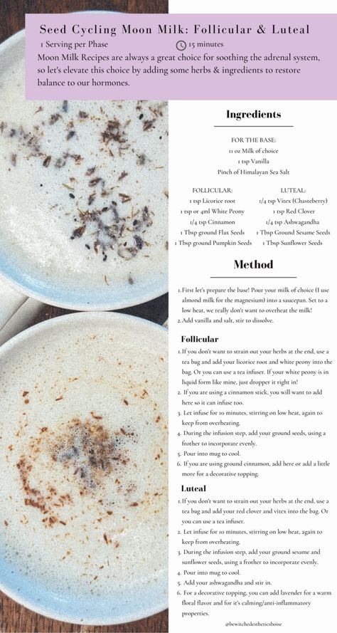 Seed Cycling Moon Milk: For the Follicular & Luteal Phase - Bewitched Esthetics Moon Milk Recipe, Cycling Food, Yogurt Bark Recipe, Luteal Phase, Seed Cycling, Winter Salad Recipes, Moon Milk, Lemon Poppyseed Bread, Natural Hormones