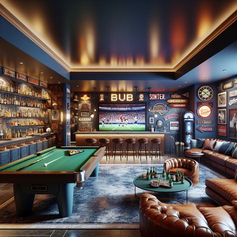 Discover a cozy man cave tucked in the basement with midnight blue and earthy brown walls. It features a bar area, a green-topped pool table, a huge TV setup for game days, and a classic jukebox. Unique sports collectibles and warm lighting round out this perfect hangout spot. 
#Mancave #BasementDesign #HomeBar #PoolTable #GameDaySetup #ClassicJukebox Man Cave With Bar, Sports Basement Ideas, Cozy Man Cave, Sports Room Man Cave, Classy Man Cave, Bars Ideas, Tv Setup, Classy Man, Basement Finish