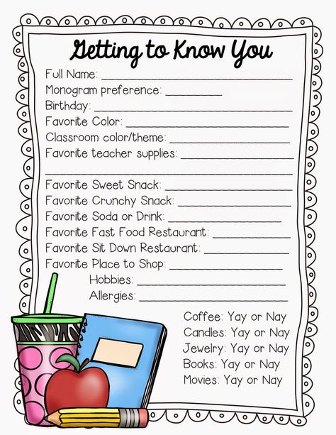 Many moons ago, I had a super sweet mama send me a survey in her son's folder on the first day of school. She wanted to know more about me... Teacher Questionnaire, Staff Morale, Teacher Freebies, Teacher Templates, School Teacher Gifts, Teacher Supplies, Staff Appreciation, Beginning Of School, Teacher Appreciation Week