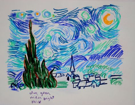 Sketch of original Starry Night in the MoMA color pencil Jessica Siemens 2011small Starry Night Marker Drawing, Color Pencil Painting Ideas, Pencil Color Illustration, Colored Pencil Art Simple, Color Pencil Illustration Sketches, Color Pencil Art Drawings, Color Pencil Sketches, Sketch Color Pencil, Colored Pencil Sketches