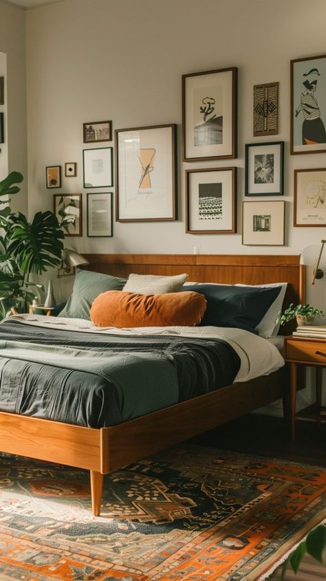 Mid Bedroom Century, Caramel Wood Bed Frame, Modern Retro Interior Design Bedroom, Modern Bohemian Apartment, Mid Century Contemporary Bedroom, Green Mcm Bedroom, Green Mid Century Modern Bedroom, Mid Century Modern Master Bed, Mid Century Modern Bedroom Blue