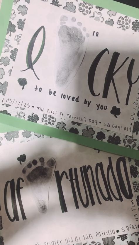 Celebrating St. Patricks in the NICU. Footprint art made to say "so lucky to be loved by you" and the alternate "afortunado" meaning lucky in spanish. Nicu Bereavement Crafts, Nicu Crafts, Nicu Nursing, St. Patrick's Day Crafts, Footprint Art, Nicu Nurse, To Be Loved, In Spanish, St Patricks