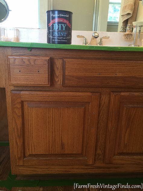 Honey Oak Bathroom Vanity Makeover, Brown Painted Vanity, Oak Vanity Makeover, Vanity Painting, Built In Bathroom Vanity, Vintage Bathroom Vanities, Oak Bathroom Cabinets, Large Bathroom Vanity, Dining Room Built In