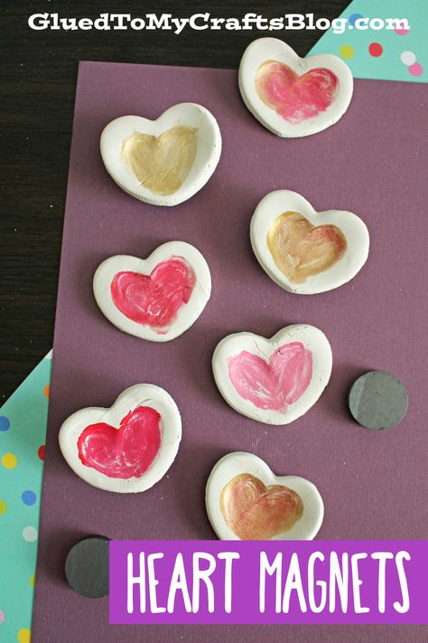 Thumbprint Heart Magnets Craft Idea For Mother's Day Thumbprint Heart Magnets, Fingerprint Heart Magnets, Easy Mother's Day Projects For Kids, Salt Dough Thumbprint Heart, Preschool Valentines Day Crafts For Mom, Valentine’s Day Pre K Craft, Thumbprint Valentine Art Kids Crafts, Valentines Magnets Kids Crafts, Model Magic Valentine Craft