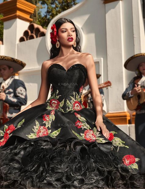 Black Charro Quinceanera Dresses Ball Gown Sweetheart Organza Appliques Pearls Puffy Mexican Sweet Traditional Quinceanera Dresses Mexican, Charro Quinceanera, Charro Quinceanera Dresses, Quince Ideas, Dresses Ball Gown, Quinceanera Dresses, Ball Dresses, Quince, Quinceanera