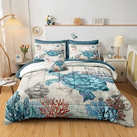 Turtle Comforter Set Ocean Turtle Bed in a Bag 8 Pieces Coastal Beach Themed Bedding with 1 Comforter, 1 Flat Sheet, 1 Fitted Sheet, 4 Pillowcases, 1 Cushion Cover (Queen, Turtle) Ocean Turtle, Bedding Comforter, Bed In A Bag, Comforter Set, A Bag, Fitted Sheet, Bedding Set, Cushion Cover, Bed