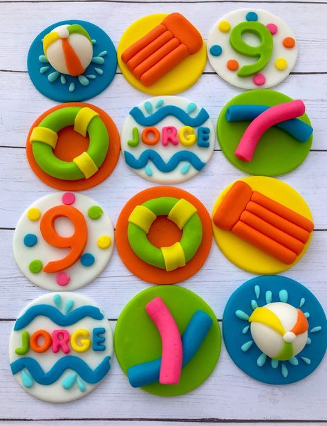 Pool party toppers swimming floaters edible fondant cupcake treat cookie Krispy toppers by SweetSugarTops on Etsy Pool Party Cake Topper, Pool Party Cupcakes, Pool Birthday Cakes, Emoji Cupcake, Pool Party Cake, Pool Party Cakes, Pool Cake, Summer Cupcakes, Pool Party Kids