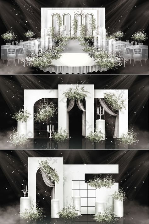 Modern Minimalist Wedding Decoration, Wedding 3d Design, White Decoration Wedding, White And Green Wedding Decor, Modern Minimalist Wedding Decor, Minimalist Wedding Decorations, White Wedding Backdrop, White Wedding Decorations, Reception Backdrop