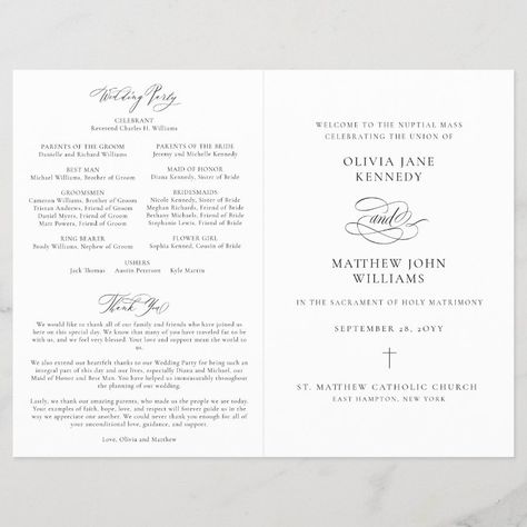 Elegant Catholic Wedding Mass Ceremony Program  Zazzle Lutheran Wedding, Catholic Orders, Ring Bearer Flower Girl, Classic Serif Fonts, Wedding Ceremony Programs, Catholic Wedding, Order Of Service, Beautiful Calligraphy, Bride Flowers