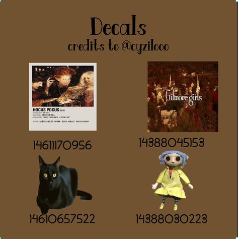 Fall/halloween decals 🍁 Roblox Bloxburg Halloween Decals, Bloxburg Poster Codes Halloween, Cute Halloween Decals Bloxburg, Halloween Picture Decals Bloxburg, Halloween Movie Decal Bloxburg, Bloxburg Neighborhood Name Decals, Coraline Bloxburg Decals, Halloween Pictures Bloxburg, Gilmore Girls Bloxburg Decals