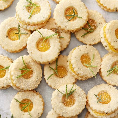 These beautiful shortbread sandwich cookies are always a welcome addition to our annual ladies holiday tea luncheon. The distinctive rosemary flavor, paired so well with the tangy lemon curd, has made them a favorite in our group for years! —Jamie Jones, Madison, Georgia Rosemary Shortbread Cookies, Luncheon Recipes, Chocolate Orange Cookies, Church Picnic, Picnic Recipes, Organizational Tips, Cherry Cookies, Lemon Sugar Cookies, Orange Cookies