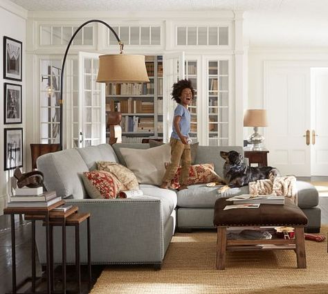 Turner Square Arm Upholstered 3-Piece Bumper Sectional With Nailheads Sectional Floor Lamp, Barn Living Room Ideas, Pottery Barn Living Room Ideas, Pottery Barn Living, Barn Living Room, Lamp Pottery, Pottery Barn Living Room, Barn Living, Living Room Furniture Layout