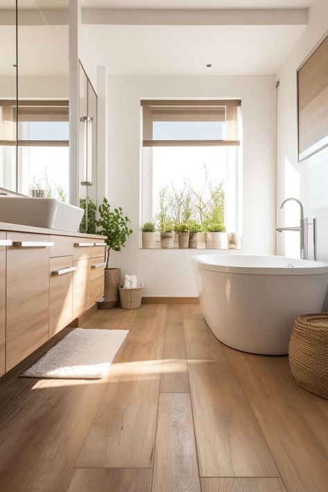 Bathroom Flooring Alternatives: Luxurious Engineered Hardwood Modern Bathroom With Wood Floor, Bathrooms With Wood Floors Ideas, Bathroom With Floorboards, White Bathrooms With Wood Floors, Wooden Floors In Bathroom, Lvp Flooring Bathroom Ideas, Open Floor Bathroom, Bathrooms With Wood Tile Floors, Organic Modern Bathroom Flooring