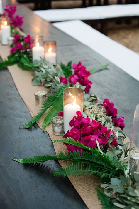 Music Party Centerpieces, Bougainvillea Wedding, Magenta Wedding, Flowers And Candles, Fuchsia Wedding, Gubahan Bunga, Tafel Decor, Boda Mexicana, Table Runners Wedding