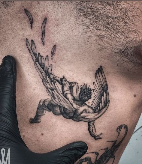 The Fallen Angel Tattoo, Tattoos For Guys Simple, Falling Angel Tattoo, Angle Tattoo For Men, Cruces Tattoo, Angle Tattoo, Icarus Tattoo, Herren Hand Tattoos, Fallen Angel Tattoo