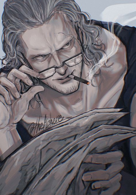 Safebooru - 1boy adjusting eyewear artist name benn beckman black eyes black shirt cigarette facial hair glasses grey hair highres holding holding newspaper la la la la male focus medium hair newspaper one piece scar scar on face shirt smoke smoking solo | 4514915 Ben Beckman, Benn Beckman, Anime Black Hair, Webtoon Comics, Picture Search, Manga Pictures, Grey Hair, One Piece Anime, Artist Names