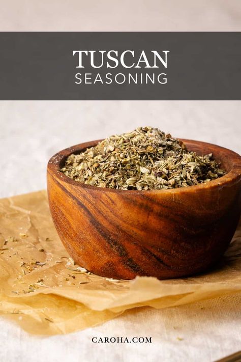 A wooden bowl filled with homemade Tuscan seasoning mix. Tuscan Chicken Seasoning, Tuscan Spice Blend Recipe, Tuscan Recipes Authentic, Tuscan Seasoning Recipe, Low Fodmap Diet Food Lists, Tuscan Sauce, Tuscan Seasoning, Fodmap Diet Food Lists, Italian Seasoning Blend