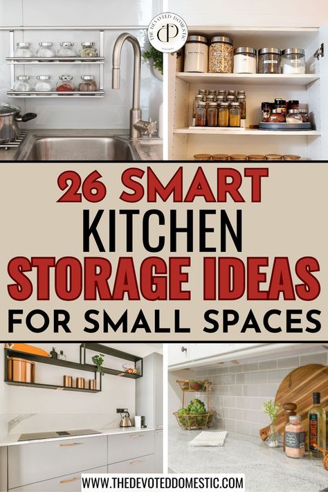 I wish I knew about these 26 smart kitchen storage ideas for small spaces!! These GENIUS & non-damaging small kitchen storage ideas solved ALL of my space problems & helped me create more space for my stuff in my cabinets, on the countertop & I even got a rolling kitchen island which is basically an extra surface + storage unit! Apartment Kitchen Storage Ideas, Small Kitchen Storage Solutions, Smart Kitchen Storage, Small Kitchen Storage Ideas, Small Kitchen Hacks, Små Rum Lidt Plads, Interior Ikea, Storage Ideas For Small Spaces, Cabinet Inspiration