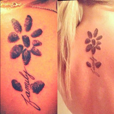 My new tat :) All my siblings fingerprints for the petals with my parents as the leaves<3 #tattoo #family Thumbprint Tattoo, Fingerprint Tattoo, Fingerprint Heart Tattoos, Matching Family Tattoos, Fingerprint Tattoos, Flower Tattoo Ideas, Sibling Tattoos, Family Tattoo, Finger Print