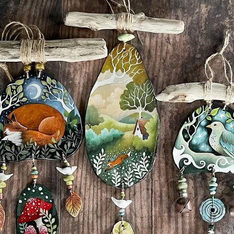 Amanda Clark on Instagram: "Hi friends. The new porcelain wall hangings are now ready and in my Etsy shop. Each one is unique and hand painted with handmade beads. They go quickly so grab yourself one before they go. 🌿. The link to my Etsy shop in under the linktree in my profile. EarthAngelsArts. #porcelainart #uniquegifts #wallhangings #handpaintedgifts #animalart #arttocollect #ceramicart #oneofakind #handmadebeads" Amanda Clark Art, Crafts For Friends, Carved Driftwood, Watercolor Jewelry, Amanda Clark, Steampunk Christmas, Wood Slice Art, Doll House Crafts, Gourds Crafts