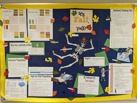 Fall Prevention Bulletin Board Nursing, Nursing Home Staff Education, Nurse Skills Fair Ideas, Hospital Nurse Educator Ideas, Fall Prevention Bulletin Board, Hospital Fall Prevention, Nursing Home Bulletin Board Ideas, Nursing Education Board Ideas, Hospital Bulletin Board Ideas