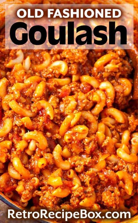 Old Fashioned Goulash is a delicious and simple one pot recipe with ground beef, tomatoes, and macaroni. You may have eaten this retro Goulash recipe as a kid. It is an easy weeknight meal to make, and is a kid friendly meal! retrorecipebox.com #goulash #casserole #groundbeef #onepotmeal Goulash Casserole, Best Goulash Recipes, Easy Goulash Recipes, Old Fashioned Goulash, Recipe With Ground Beef, Goulash Recipe, Goulash Recipes, Ground Beef Dishes, Beef Casserole Recipes