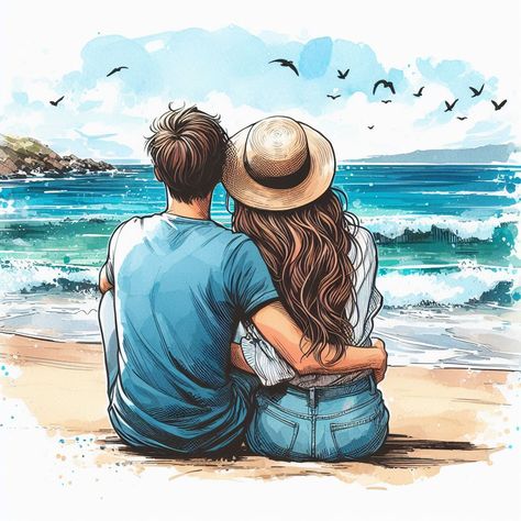 Couple On Beach Illustration, Arabic Kaligrafi, B Letter Images, Woman On Beach, Gorgeous Images, Beach Drawing, Couple Drawing, Letter Images, Beach Illustration