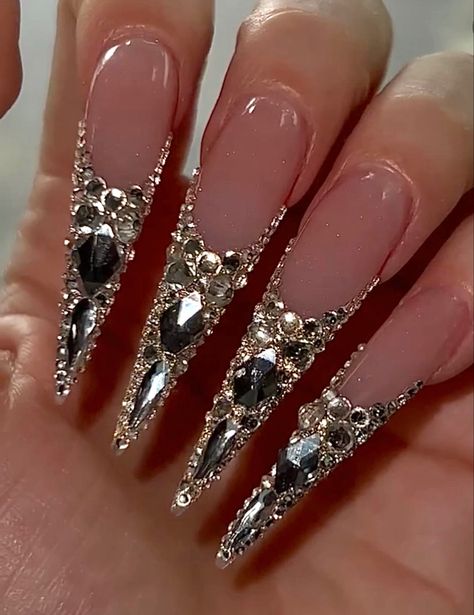 Bling French Tip Nails, Bling French Tip, Bling Stiletto Nails, Bedazzled Nails, Stilleto Nails Designs, Art Deco Nails, Edge Nails, Simple Acrylic Nails, Glamorous Nails