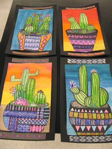 Good lesson for texture and pattern, color.  Could be adapted and used for other grades as well. Collaborative Art Projects For Kids, Cactus Paintings, Collaborative Art Projects, 2nd Grade Art, 6th Grade Art, 4th Grade Art, 5th Grade Art, 3rd Grade Art, Classroom Art Projects