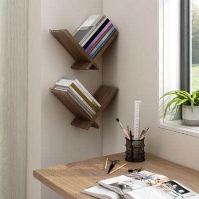 Features: Sturdy Structure: Two solid thickened wood boards and the V shape design ensure stability to the greatest extent. With its high quality, these hanging shelves are built to last and offer a stylish and functional way to display your favorite books, plants, and decor.For Small Space: The space available for each wood board is 9.3x6.7in(LxW), and each shelf can bear up to 18 pounds, which is a minimalistic addition to the corner or small area of your room.Two Ways to Display: These wall b Shelving Ideas Bedroom Small Rooms, Diy Bookshelf Wall Small Spaces, Small Shelves On Wall, Small Book Corner, Book Shelf Ideas Bedroom Small Spaces, Wall Shelves For Books, Book Shelf Ideas Bedroom, Book Shelves In Bedroom, Small Bookshelf Ideas