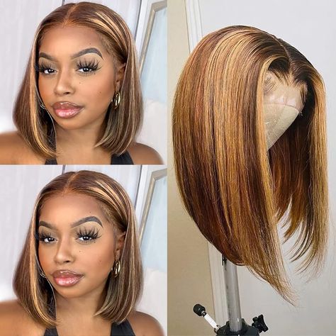 Bob Wigs With Color Black Women, Bob Wigs For Black Women Color, Short Lace Wigs For Black Women, Honey Blonde Bob Wig Black Women, Brown Bob Wig For Black Women, Highlight Bob Wig Black Women, Bob Wigs With Color, Highlighted Bob Black Women, Short Honey Blonde Hair On Black Women