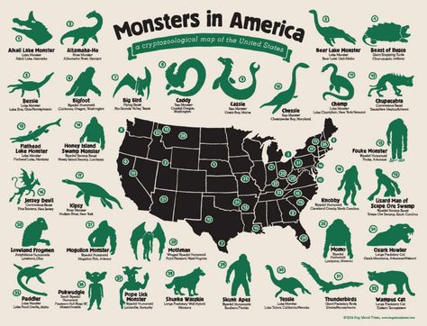 Of course the U.S. is packed with monsters. | 49 Maps That Explain The U.S. For Dumb Foreigners Cryptozoology Museum, Legendary Monsters, The Jersey Devil, Lake Monsters, Egiptul Antic, Strange Beasts, Myths & Monsters, Mythical Monsters, World Mythology