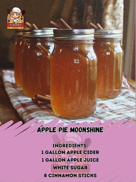 🌙✨ Get ready to elevate your fall vibes with this delicious and easy-to-make Apple Pie Moonshine recipe! 🍏🥧🌙 Apple Pie Moonshine Ingredients: - 1 gallon apple cider - 1 gallon apple juice - 3 cups white sugar - 8 cinnamon sticks - 1 liter 190 proof grain alcohol (or high proof vodka) Instructions: 1. In a large stockpot, combine the apple cider, apple juice, sugar, and cinnamon sticks. 2. Bring the mixture to a boil, then reduce heat and simmer for 1 hour. 3. Remove from heat and let it co... Apple Cider Moonshine, Apple Pie Moonshine Recipe, Peach Moonshine, Moonshine Recipe, Apple Pie Moonshine, Moonshine Recipes, Grain Alcohol, Homemade Apple Pies, Daily Recipes