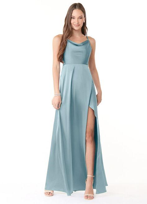 AZAZIE NAOMIE STRETCH SATIN DRESS - Bridesmaid Dresses Satin Dress Bridesmaid, Steel Blue Bridesmaid Dresses, Blue Satin Dress, Stretch Satin Dress, Dusty Blue Bridesmaid Dresses, Blue Bridesmaid Dress, Bridesmaid Dress Styles, Azazie Bridesmaid Dresses, Mob Dresses