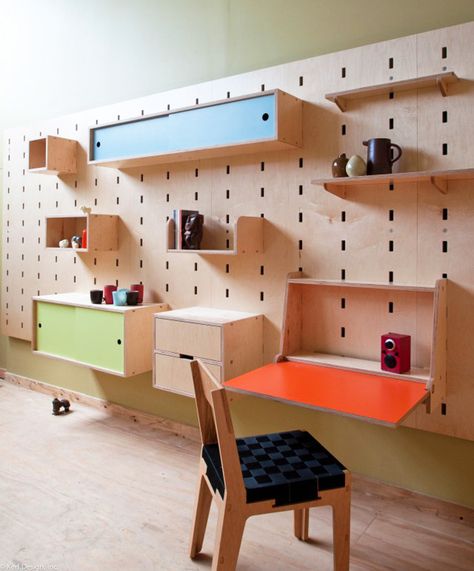 storage system for kids - kerf-wall Unfinished Basement Walls, Peg Board Walls, Plywood Storage, Shop Shelving, Plywood Projects, Cnc Furniture, Cute Furniture, Custom Shelving, Plywood Furniture