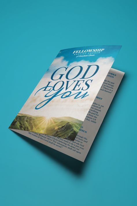 This bifold tract was printed for a Florida church to declare God's love to their local community. People can still be reached with the gospel! Tract Design, Christian Tracts, Church Bulletins, Creative Book Cover Designs, Gospel Tracts, Creative Book Covers, Photoshop Tutorial Graphics, Church Bulletin Boards, Books Cover