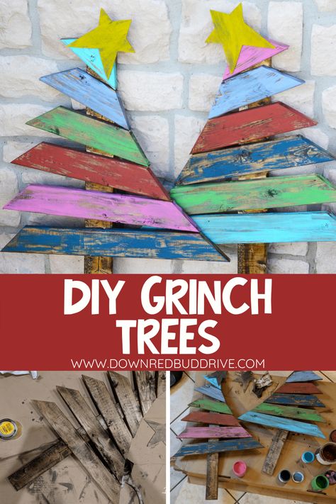 Grinch Decorations Diy, Christmas Decorations Colorful, Diy Grinch Decorations, Christmas Decor Colorful, Christmas Tree Decorations For Kids, Christmas Decorations Grinch, Wood Christmas Trees Diy, Colorful Christmas Decor, Wooden Christmas Trees Diy