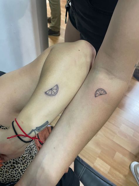 Matching Tequila Tattoos, Lime Slice Tattoo Minimalist, Lemon And Lime Matching Tattoos, Lime Tattoo Ideas, Matching Orange Tattoos, Simple Orange Slice Tattoo, Lime Tattoo Small, Non Matching Best Friend Tattoos, Matching Fruit Tattoos