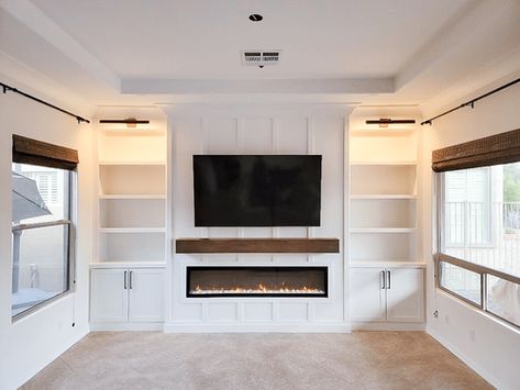 Built-ins & Cabinets — Champagne Taste Design Condo Built Ins Small Spaces, Bedroom Fireplace Wall With Tv, Built In With Fireplace, Fireplace Wall With Tv, Built In Fireplace And Tv, Bedroom Fireplace Wall, Living Room Built In Units, Basement Cabinets, Wall With Tv