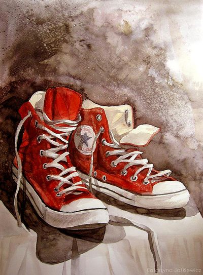 Katarzyna Jaśkiewicz - Watercolours - Katarzyna Jaskiewicz Converse 2020, Sneakers Drawing, Drawing Watercolor, Sneaker Art, Shoes Drawing, Red Sneakers, Shoe Art, Trendy Sneakers, Crazy Shoes