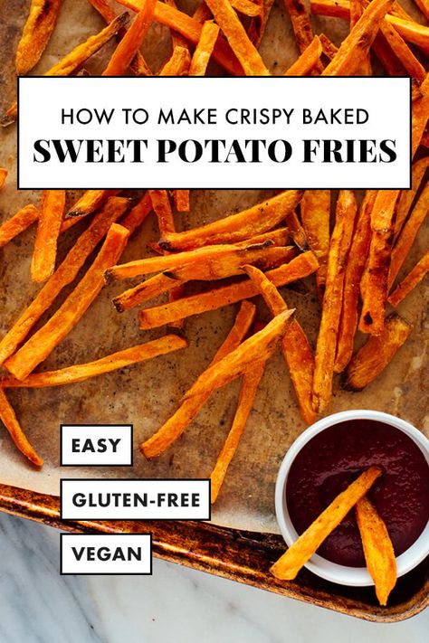 These baked sweet potato fries are CRISPY every time! Learn my tricks in the post. These healthy baked sweet potato fries will be your new favorite snack and side dish. They would be great with a veggie burger! #sweetpotatofries #cookieandkate Healthy Baked Sweet Potato, Sweet Potato Veggie Burger, Crispy Baked Potatoes, Baked Sweet Potato Fries, Healthy Homemade Snacks, Sweet Potato Fries Baked, Healthy Baked, Soft Foods, Baked Fries